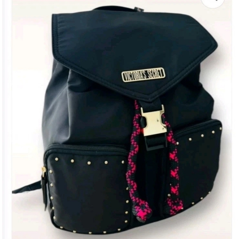 Victoria's Secret Getaway Cargo Black Backpack Pink Accents NWT - Picture 6 of 6
